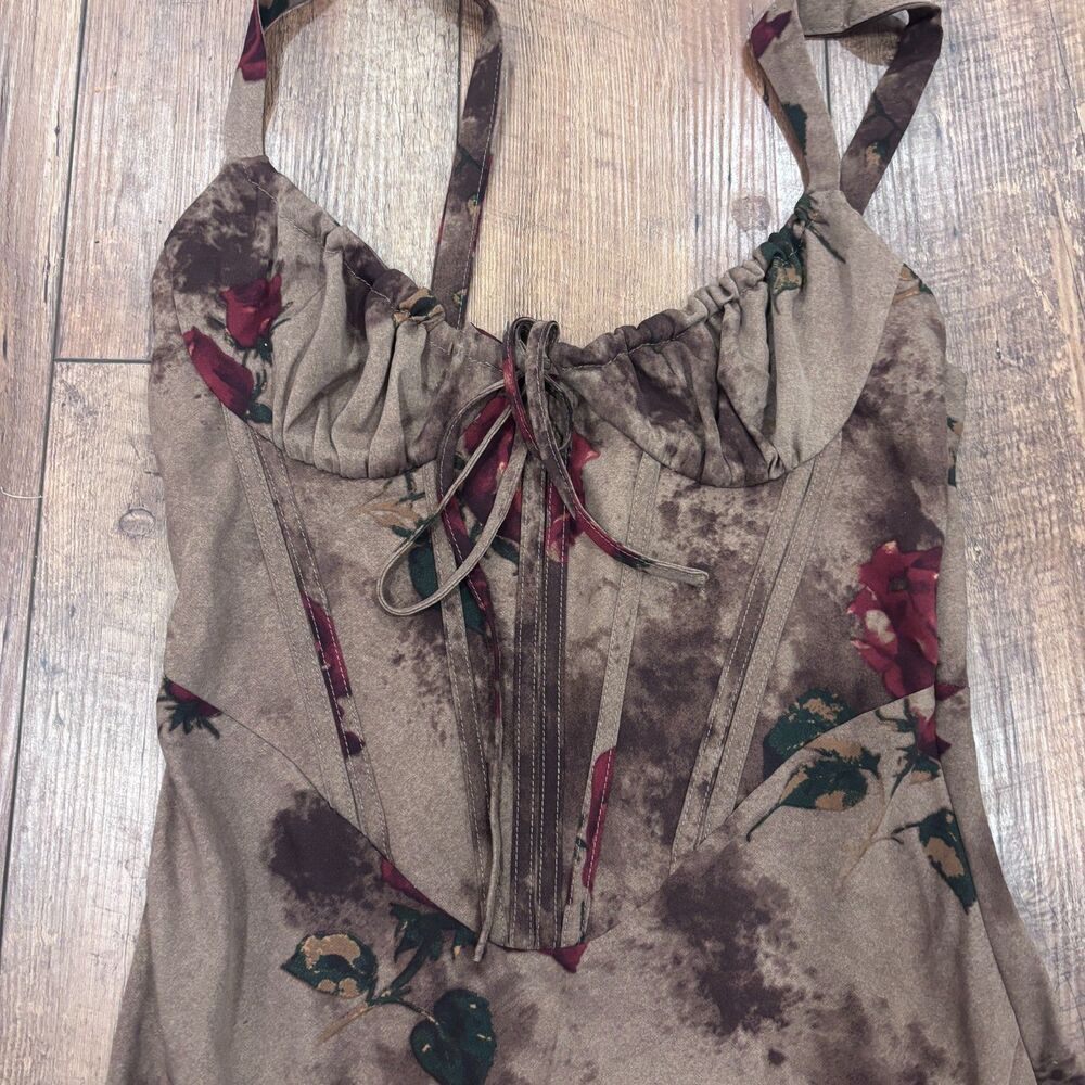 NWT Missguided Corset Bustier Rose Print Maxi Dress Thigh Split Floral Y2K Sz M - Picture 10 of 11